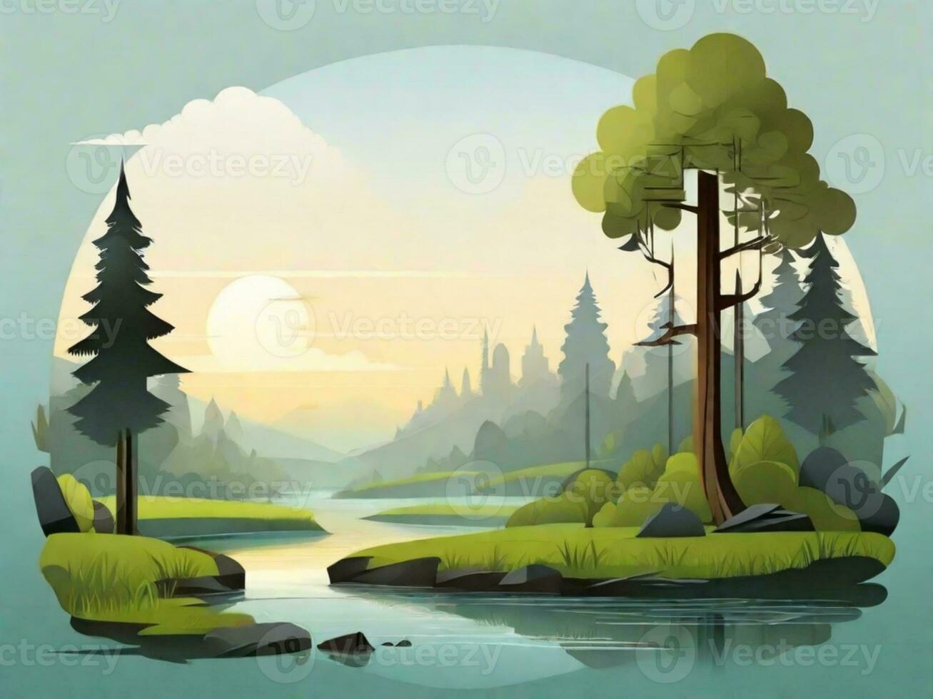 AI Generated River view at sunset or sunrise with trees and bridge photo