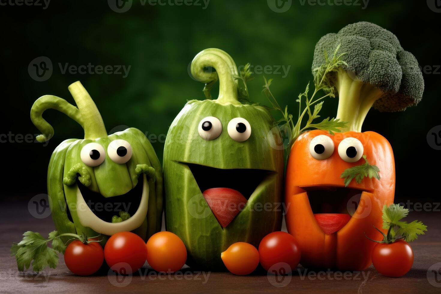 Happy vegetable cartoon characters on wooden table photo