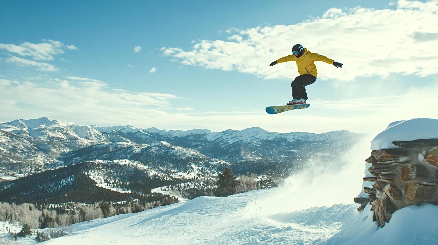 Snowboarder jumping over mountain cliff in sunny winter day photo