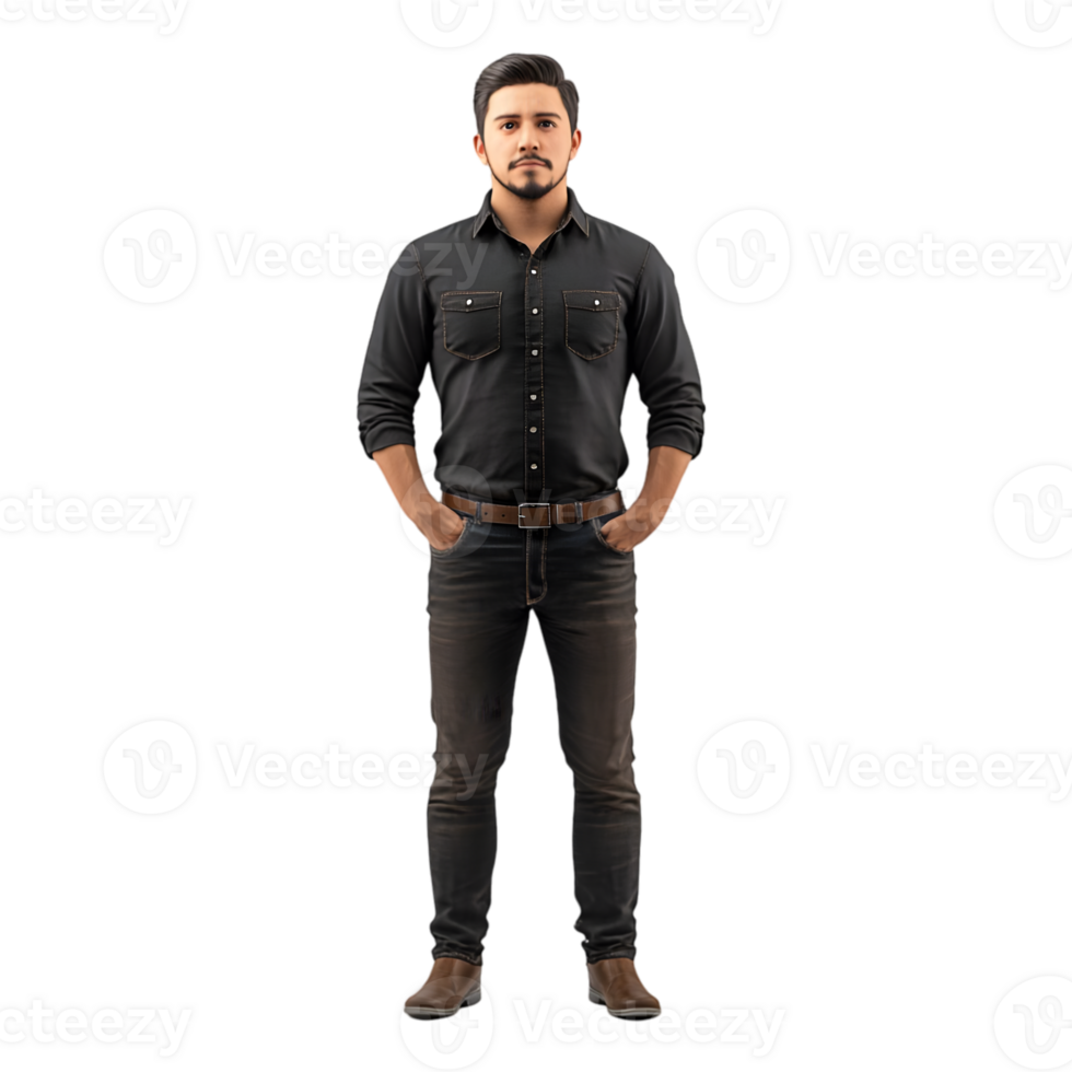 homme dans noir chemise permanent avec mains dans les poches png