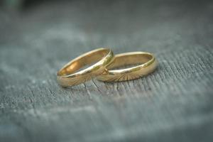 A pair of gold wedding rings with bokeh background photo