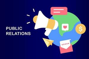 PR, marketing campaign, public relations concept on social media promotion. Management and digital marketing media strategy. Flat vector illustration. Idea of making announcements through mass media