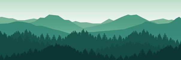 ilustración de vector de paisaje de montaña y bosque con amanecer y atardecer en las montañas