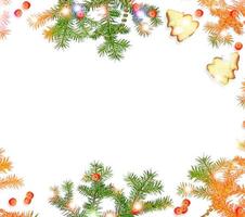 Festive Christmas frame with snowy spruce branches photo