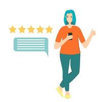 mujer pulgar arriba y 5 estrellas revisión clipart vector