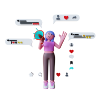 Personnage 3d faisant du marketing numérique sur les réseaux sociaux png