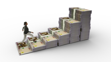 femme d'affaires montant des escaliers en notes de naira nigérian. rendu 3d de l'argent disposé sous la forme d'une icône de graphique de croissance financière. concept de croissance d'entreprise png