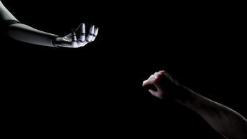 robot ai braccio porzione umano mano collegamento con alfa. un' 3d animazione di un' robot braccio porzione umano mano raffigurante un' connessione nel attività commerciale opera come un' supporto compagno. video
