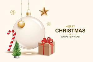 Merry christmas glass ball and decoration object for flyer brochure design on white background invitation theme concept. Happy holiday greeting banner and card template. vector