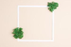White frame with moss on beige background. Flat lay, copy space. photo
