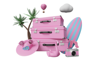 viaje de verano con maleta rosa, gafas de sol, tabla de surf, flamenco inflable, palma, sandalias, sombrero, cámara aislada. concepto de ilustración 3d o renderizado 3d png