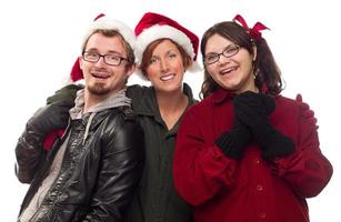 Three Friends Wearing Warm Holiday Attire photo