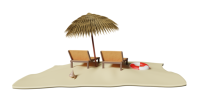 silla de playa de madera con sombrilla, aro salvavidas, mar, mariscos, isla aislada. concepto de viaje de verano, ilustración 3d o presentación 3d png