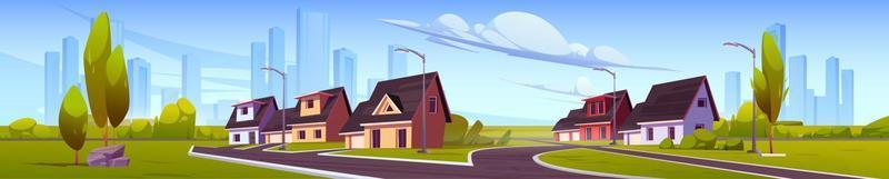 Suburb district with houses, street lights vector