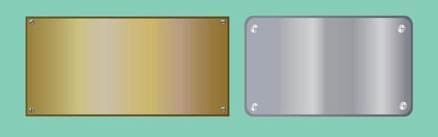 Banners of polished metal plates with screws. Polished metal background with metal texture on a green background. Yellow, gold, bronze and grey metal background for your design vector