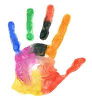 Close up of colored hand print on white photo
