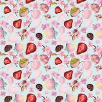 Watercolor seamless pattern with hand drawn traditional Japanese sweets. Wagashi, mochi, sakura blossom. Isolated on color background. Invitations, restaurant menu, greeting cards, print, textile photo