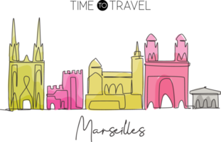 dessin en ligne continue unique des toits de la ville de marseille, france. célèbre paysage de gratte-ciel de la ville. concept d'art d'impression d'affiche de décor de mur de voyage du monde. illustration vectorielle de dessin à une ligne moderne png