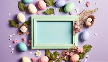 illustration of easter eggs frame on pastel background copy space flat lay mock up photo