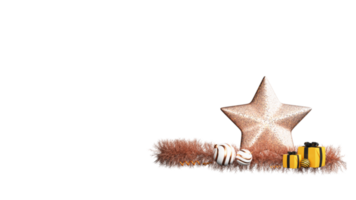 3D Rendering Star With Baubles, Gift Boxes, Tinsel Garland Against Background And Copy Space. png