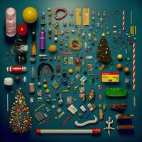 Set realistic Christmas objects design, pine branches, pine cone, decorative snowflake, xmas ball and confetti, bells, and old watch, knolling photography of christmas supplies , vibrant. Flat lay photo