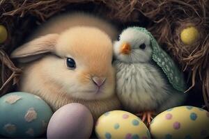 Cute bunny and chick cuddled up together, surrounded by pastel - colored Easter eggs Easter illustration photo