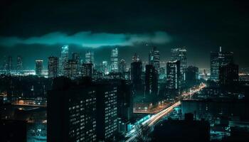 Modern city skyline illuminated by blue twilight, reflecting on water generated by AI photo