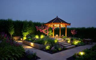 Luxurious resort garden park environment by shining warm light of lamps created with technology photo