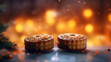 Mid-Autumn Festival moon cake and Sakura blossom background, photo
