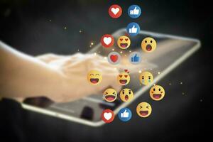 Social media and digital online concept, man using smart phone with Social media. The concept of living on vacation and playing social media. Social Distancing ,Working From Home concept. photo