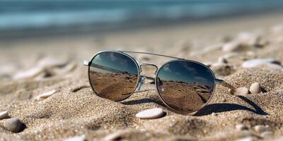 Sunglasses on sand beach holiday background. photo