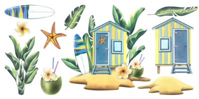 de madera playa casa en el isla con tropical hojas, tabla de surf, Coco cóctel, plumeria flor y estrella de mar. acuarela ilustración, mano dibujado. aislado elementos png