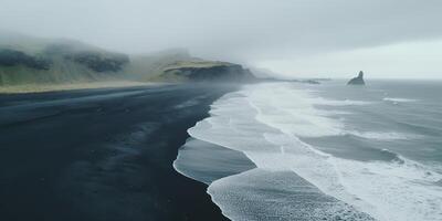 . . Iceland aerial air drone view. Cost beach ocean wave line. Black sand landscape. Adventure nature travel vibe. Graphic Art photo