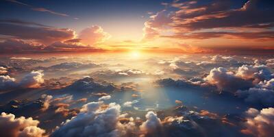 . . Air drone aerial view cloudscape landscape nature outdoor fly from above earth clouds sun sunbeams. Graphic Art photo