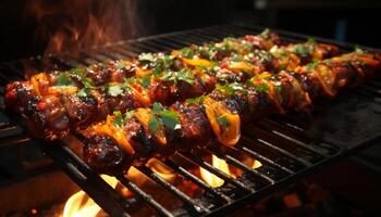Grilled meat on skewer, barbecue party, delicious and mouthwatering generated by AI photo