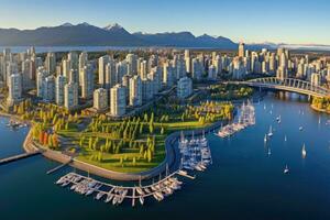 Aerial view of Vancouver, America, Aerial Panorama of Downtown City at False Creek, Vancouver, British Columbia, Canada, AI Generated photo