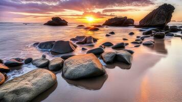 Landscape concept background of beautiful rocks on the beach at sunset created with ai generative photo