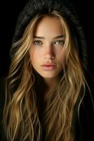 a beautiful young woman with long hair in a black hoodie generative ai photo