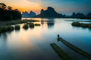 a man stands on a wooden bridge in the middle of a river. AI-Generated photo