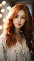 Beautiful asian girl with red hair. Generative AI photo