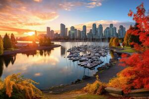 Downtown Vancouver, British Columbia, Canada at Stanley Park in autumn, Beautiful view of Vancouver, British Columbia, Canada, AI Generated photo
