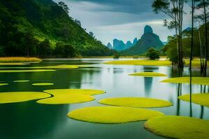 the green water lily plants are in the middle of a lake. AI-Generated photo