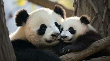A mother panda and her cub snuggled up together for a nap photo