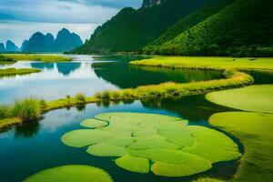 the lily pads in the river. AI-Generated photo