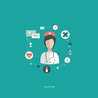 vector ilustración en un moderno plano estilo, salud cuidado concepto. un médico en uniforme con estetoscopio y primero ayuda equipo. en línea consulta. plano vector ilustración.