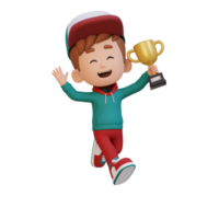 3d niño personaje celebrando ganar participación un trofeo png