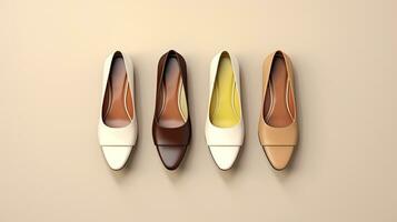 AI generated beautiful arrangement of four pairs of flat shoes on table. Generative AI photo