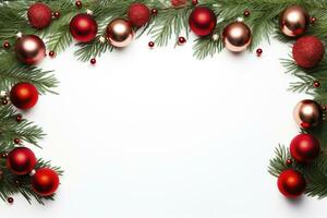 AI generated Fir tree branches with red christmas balls frame photo