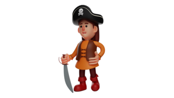 3d illustratie. woest piraat 3d tekenfilm karakter. vrouw piraten hebben lang haar. de piraat zetten een hand- Aan zijn heup. de piraat liet zien een woest uitdrukking. 3d tekenfilm karakter png