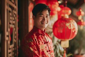 AI generated Image of an Asian man wearing red at the Chinese New Year festival. photo